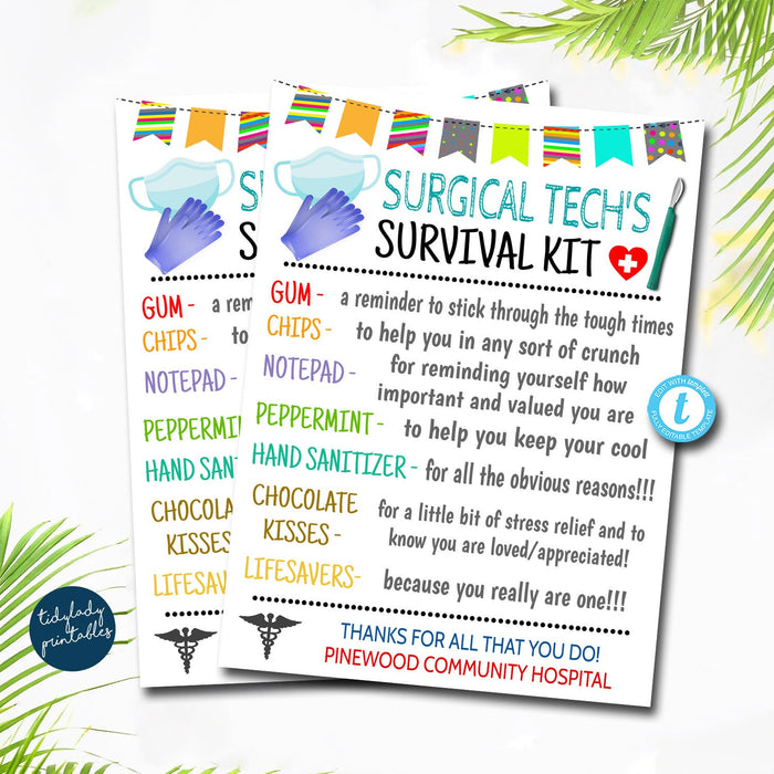 Surgical Tech Survival Kit Gift Tags, Surgery Tech, Medical Staff Appreciation Week, Thank you Gift Card, Printable DIY Editable Template
