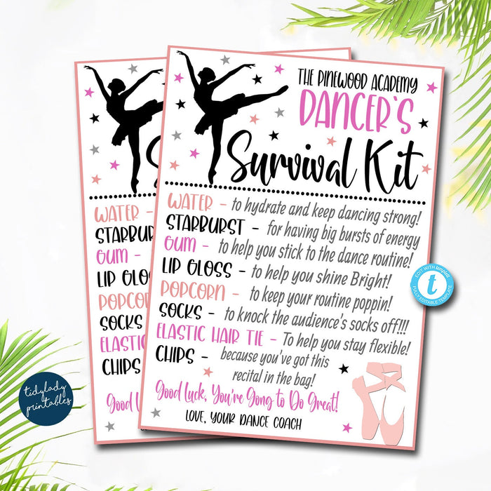 EDITABLE Dancer Survival Kit Printable, Dance Studio Gift, Kids Girl Ballerina Dancer, Dance Recital Snack Treat Tags Gift Idea TEMPLATE