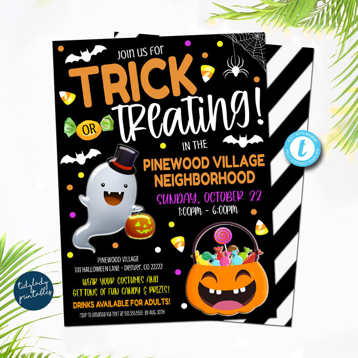 Trick or treating invitation, trick or treating flyer, church fall festival, Halloween Neighborhood trick or treating advertisement EDITABLE