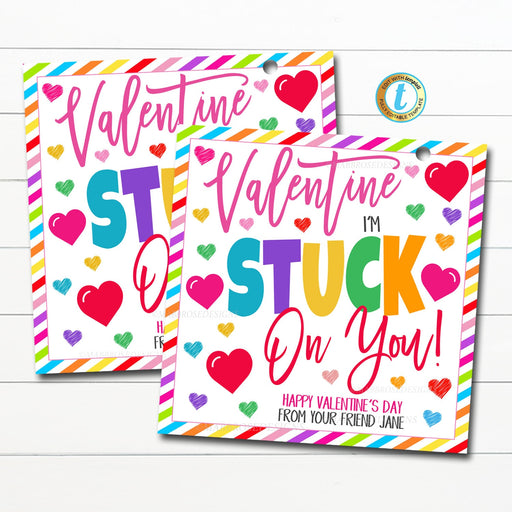 Valentine Sticker Gift Tags, Stuck on You, Toy Non Candy Valentine Tag, Classroom School Pto Pta Teacher Kids Valentine, Editable Template