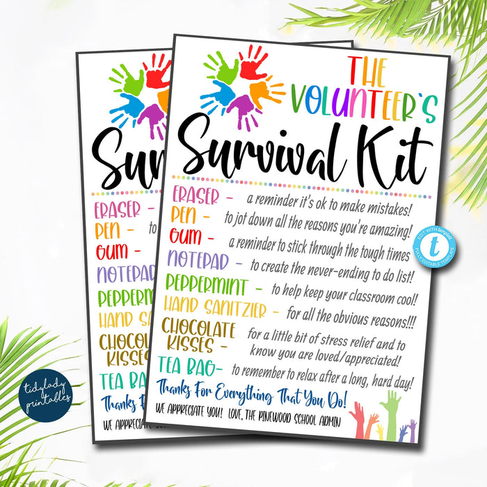 EDITABLE Volunteer's Survival Kit Printable, Back to School Gift, Pta Pto, School Church Staff Appreciation Day Thank You Gift Idea TEMPLATE