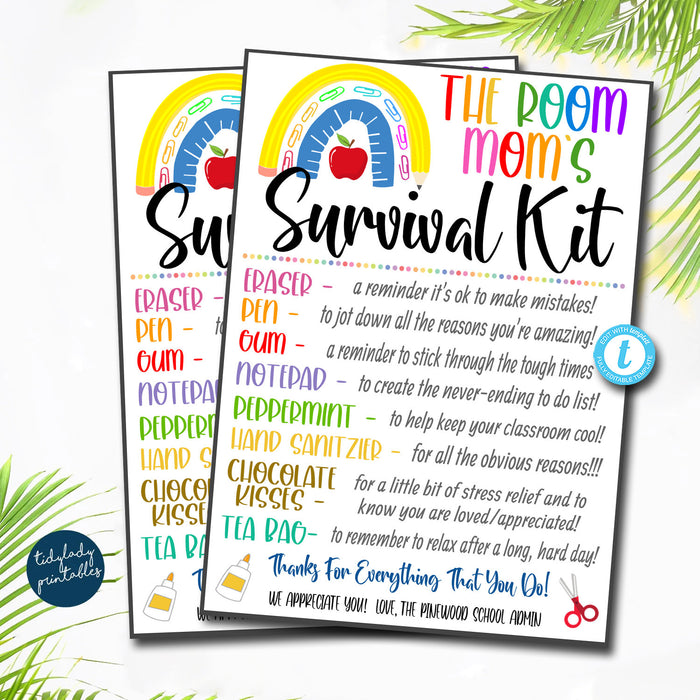 EDITABLE Room Mom's Survival Kit Printable, Back to School Gift, Pta Pto, School Staff Appreciation Day, Thank You Gift Idea TEMPLATE