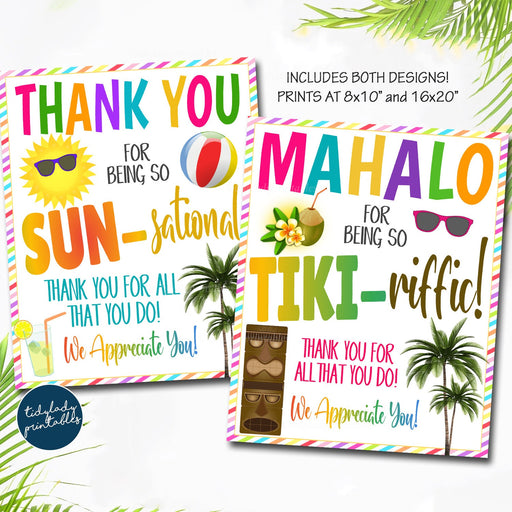 Beach Appreciation Signs, Mahalo For All you Do, You're Tiki-riffice Thank You Party Decor, Nurse School Staff Teacher Volunteer, PRINTABLE