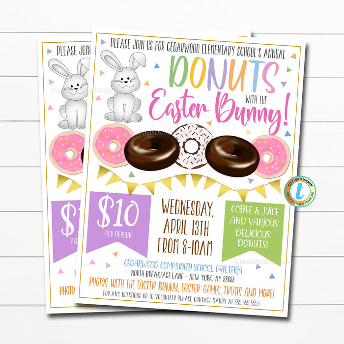 EDITABLE Donuts with the Easter Bunny, Easter Breakfast Invitation Kids Spring Party Printable, Community Holiday School Fundraiser Flyer