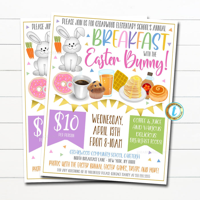 EDITABLE Breakfast with the Easter Bunny, Easter Breakfast Invitation Kids Spring Party Printable, Community Holiday School Fundraiser Flyer