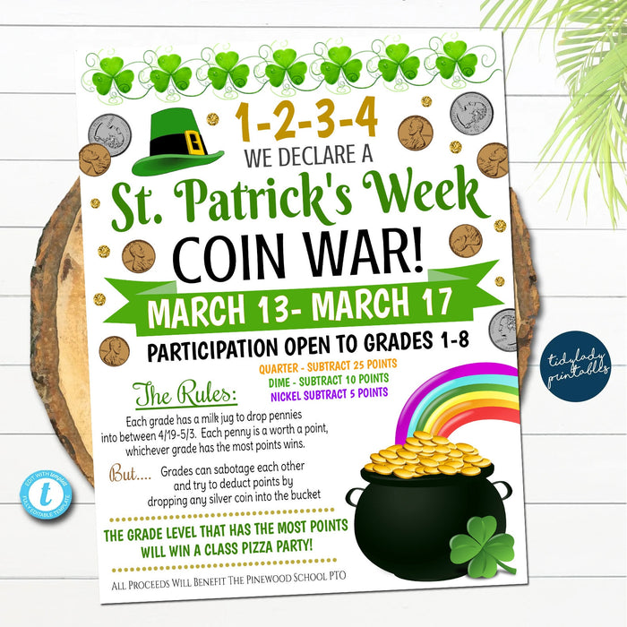 EDITABLE St. Patricks Day Coin War Fundraiser Flyer, Printable Handout, School Fundraiser Event, Church, Nonprofit PTO PTA Event, Template