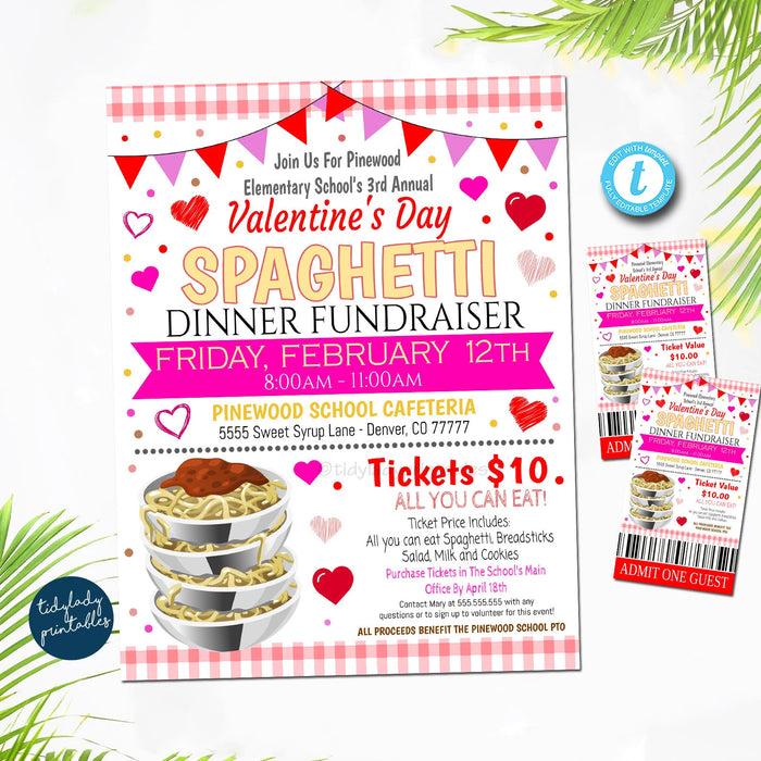 EDITABLE Valentine's Day Spaghetti Dinner Fundraiser Flyer Ticket Set, pto pta, Church Community School Benefit Event, Pasta Dinner TEMPLATE