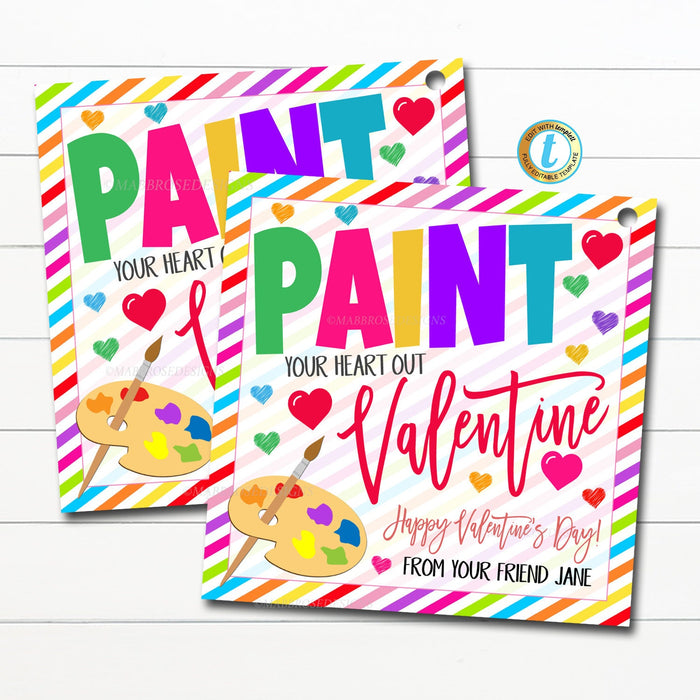 Valentine Paint Gift Tags, Color Your Heart Out Non Candy Valentine Tag, Classroom School Teacher Staff, Valentine DIY Editable Template