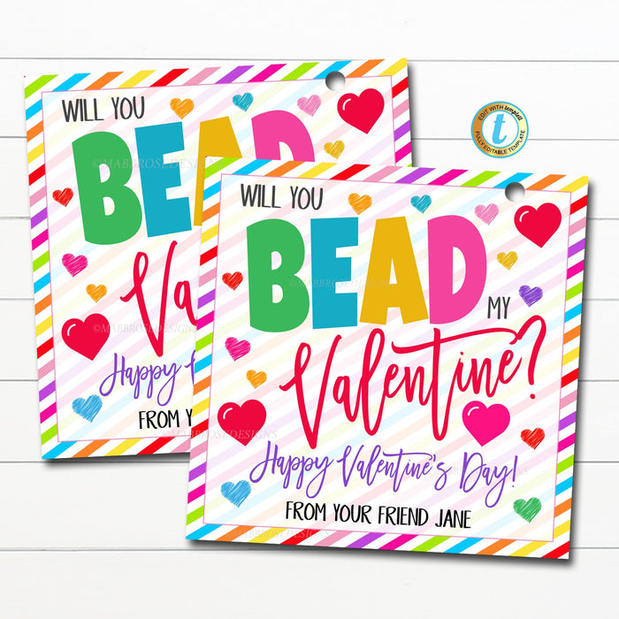 Valentine Gift Tags, Will You Bead My Valentine, Girl Necklace, Jewelry Friendship Bracelet, Kids Classroom School DIY Editable Template