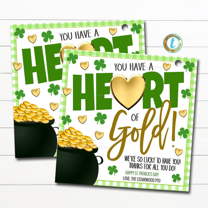St. Patrick's Day Thank You Gift Tags, You Have a Heart of Gold, Employee School Teacher Staff Nurse March Appreciation, Editable Template