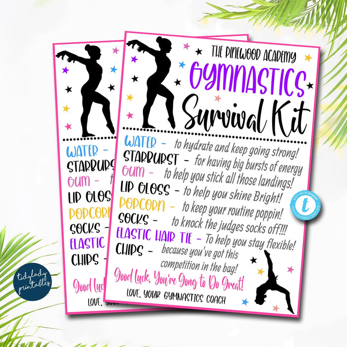 EDITABLE Gymnastics Survival Kit Printable, Gymnast Gift, Kids Girl Competition, Gymnastics Favor Snack Treat Tags, Gift Idea TEMPLATE