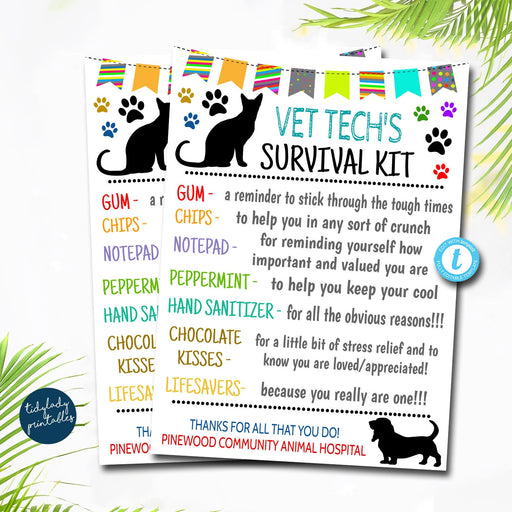 Vet Tech Survival Kit Gift Tags, Veterinarian, Animal Hospital Staff Appreciation Week, Thank you Gift Card, Printable DIY Editable Template