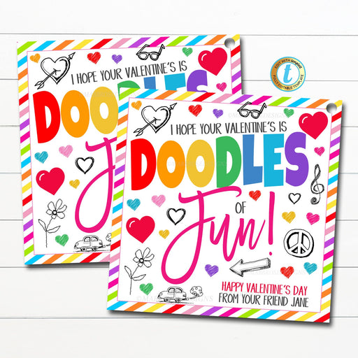 Valentine Gift Tags, Hope Your Valentine's Day is Doodles of Fun, Friendship Kids Classroom School Card Tag Idea, DIY Editable Template