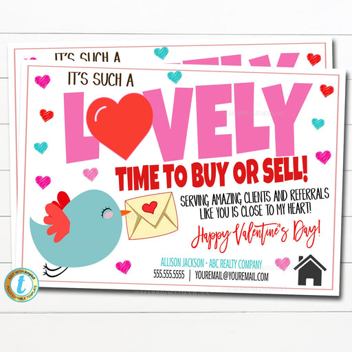 Valentine Realtor Postcard, It's a Lovely Time to Buy or Sell, Referral Marketing Mailer Real Estate Agent, Printable, DIY Editable Template