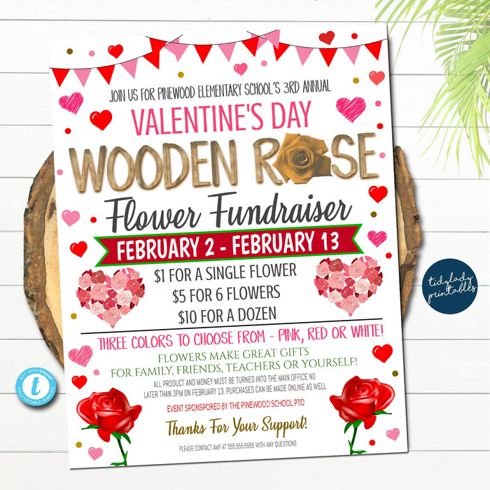 Valentine's Day Wooden Rose Flower Fundraiser Flyer, Printable Invite Community Event Church School Pto Pta, Fundraiser Invitation, TEMPLATE
