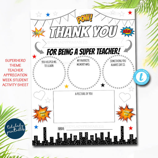 Superhero Teacher Appreciation Staff Printable, My Teacher is Super Student Appreciation Week Worksheet, Coloring Page, INSTANT DOWNLOAD