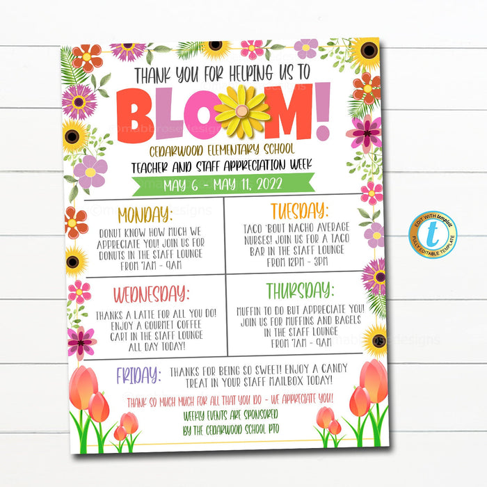 EDITABLE Teacher Appreciation Week Itinerary, Appreciation Bloom Grow Floral Flowers Spring Garden Theme, Schedule Events Printable EDITABLE