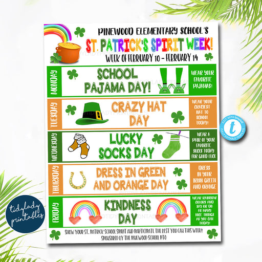 St. Patrick's Day School Spirit Week Itinerary Schedule, Daily Weekly Calendar, School Pto Pta Elementary Kids March Spirit Planner EDITABLE
