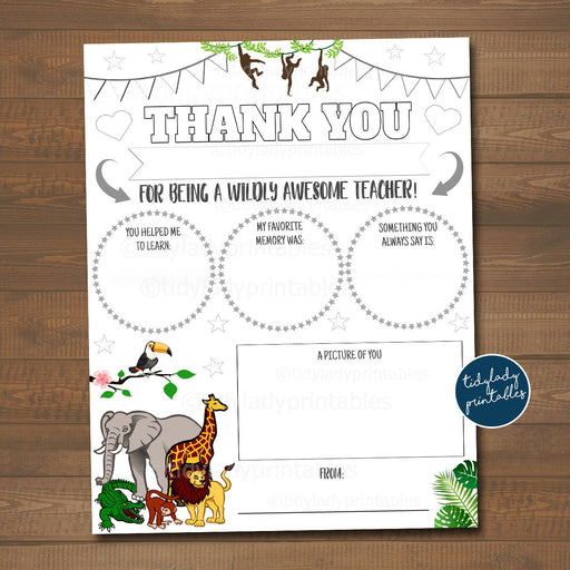 Jungle Theme Teacher Appreciation Week Printable, Classroom Teacher Survey, All About My Teacher Worksheet Thank You Coloring Page PRINTABLE