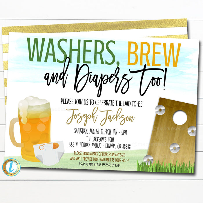 Washers and Beer Baby Shower Invitation Chalkboard Printable Baby Sprinkle Baby Q, Grill Couples Shower BBQ Party Invite, EDITABLE TEMPLATE