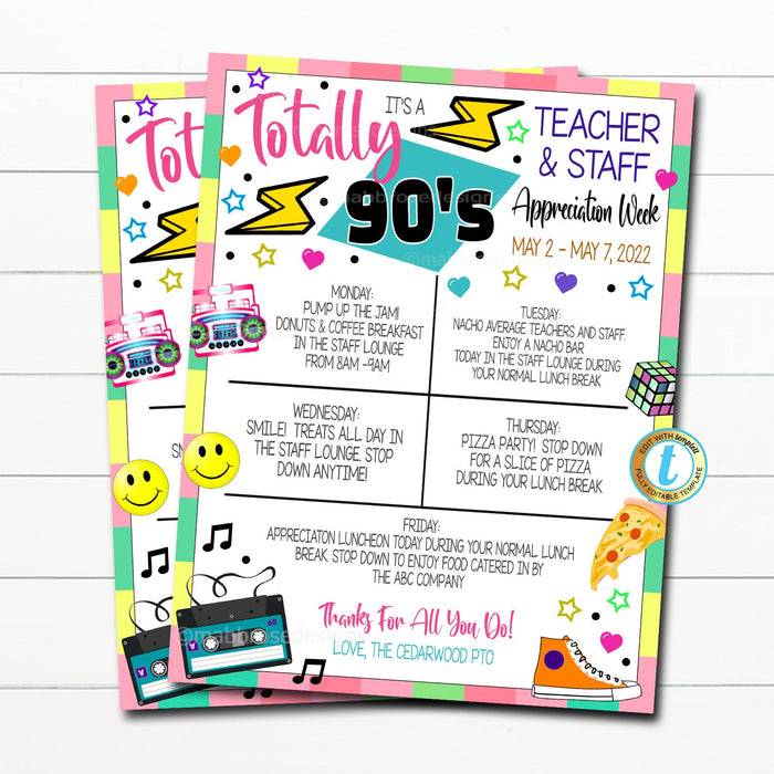 Teacher Appreciation Week Itinerary, Retro Throwback 80s 90s Theme, Old School Staff Schedule Events Printable, DIY EDITABLE TEMPLATE