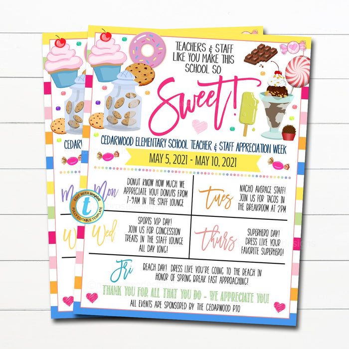 Teacher Appreciation Week Itinerary, Candy Sweet Theme, You're the Sweetest School pto pta Staff Schedule Events Printable EDITABLE TEMPLATE