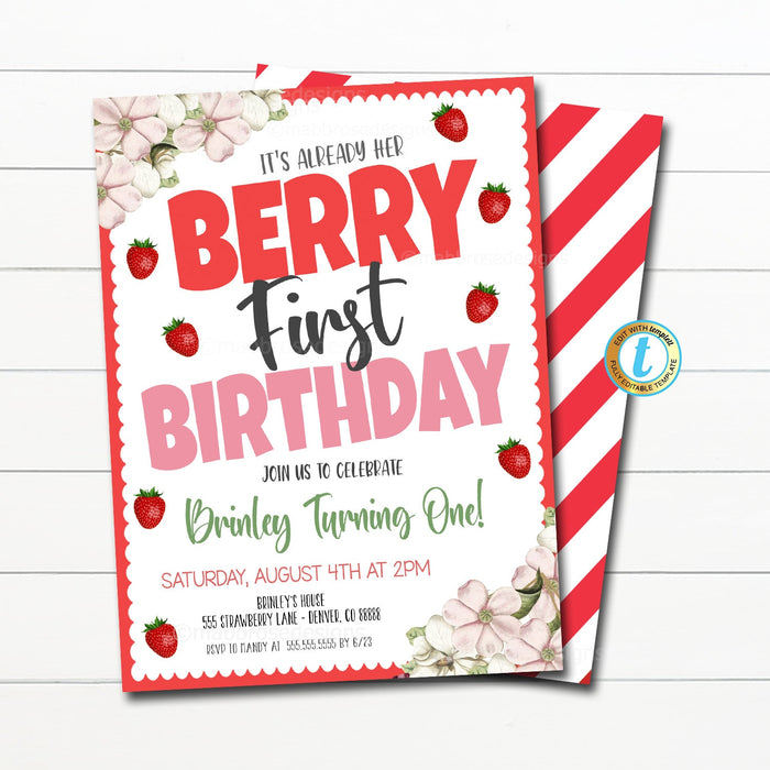 Strawberry First Birthday Party Invitation, Printable Kids Birthday Party, Berry First Birthday June Summer Invitation, EDITABLE TEMPLATE