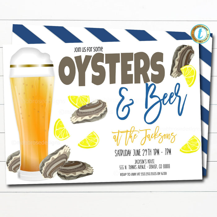 Oysters and Beer invite, Editable Seafood Grill Backyard invite, Summer Adult Birthday Retirement Graduation Invitation, EDITABLE TEMPLATE