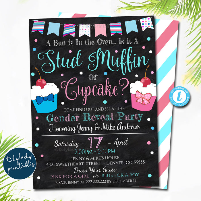 Cupcake or Stud Muffin Gender Reveal Invitation, Team Blue or Team Pink, Sweets Bakery Theme Baby-Q, Coed Couples Shower, EDITABLE TEMPLATE