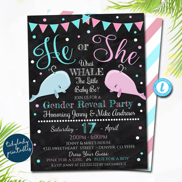 Whale Gender Reveal Invitation, Team Blue or Team Pink, He or She What Whale it be, Under the Sea Coed Couples Shower, EDITABLE TEMPLATE