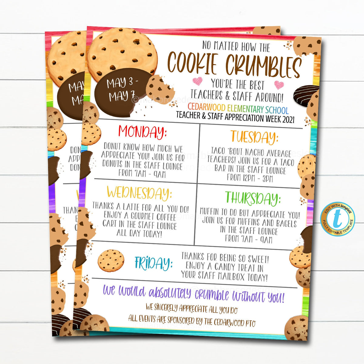 Teacher Appreciation Week Cookie Theme Itinerary | TidyLady Printables