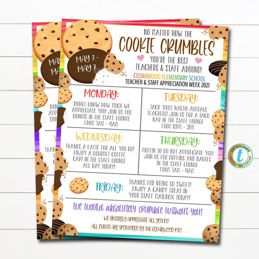 Teacher Appreciation Week Itinerary, Cookie Theme, No Matter How the Cookie Crumbles Employee Staff Nurse Schedule Events, EDITABLE TEMPLATE