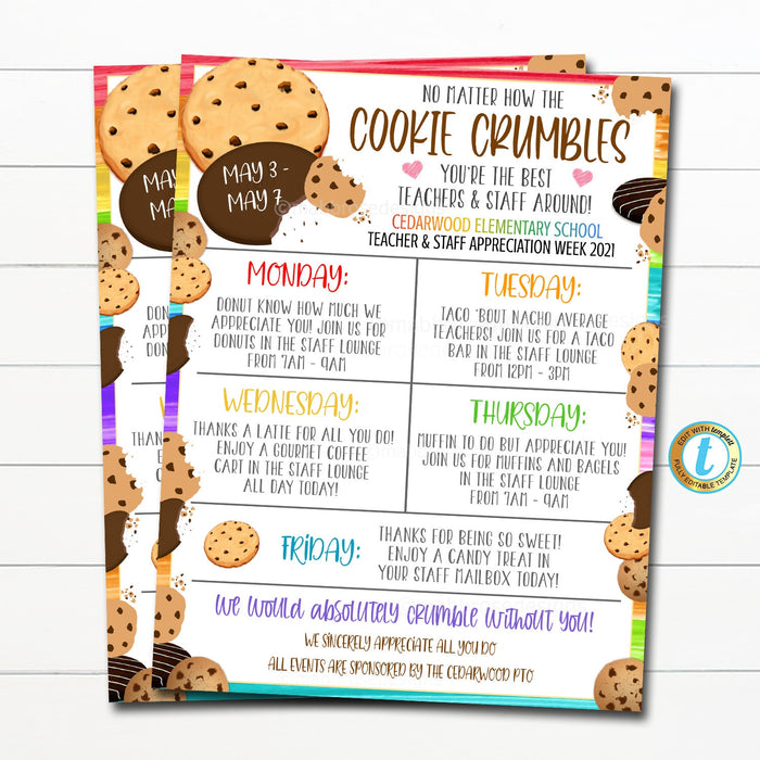 Teacher Appreciation Week Itinerary, Cookie Theme, No Matter How the Cookie Crumbles Employee Staff Nurse Schedule Events, EDITABLE TEMPLATE