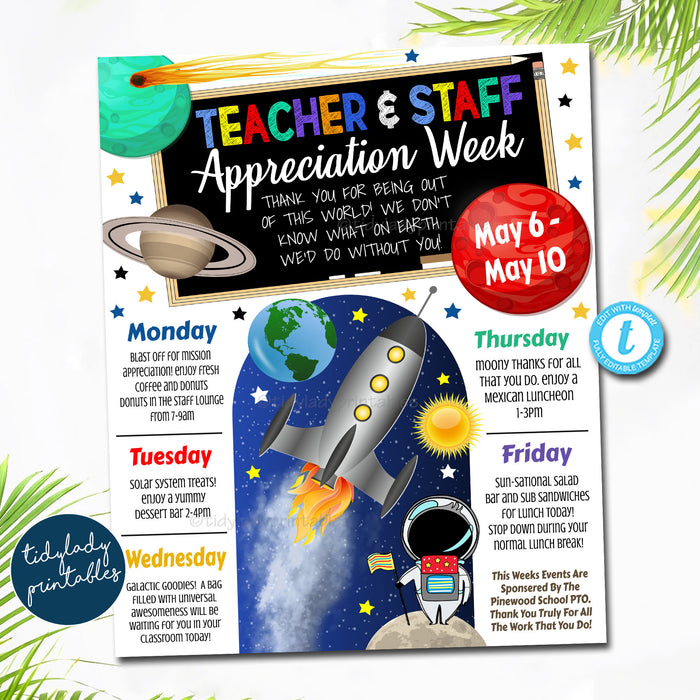 Space Theme Teacher Appreciation Week Itinerary Poster Digital Week Schedule Events, pto pta Fundraiser Printables EDITABLE Template DIY