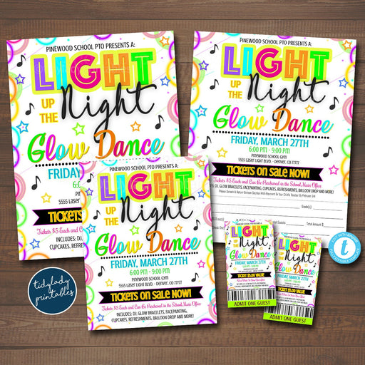 Light Up the Night Glow Dance Set, Printable School Dance Flyer Party Invite Ticket, Church Community Event, School pto pta, EDITABLE