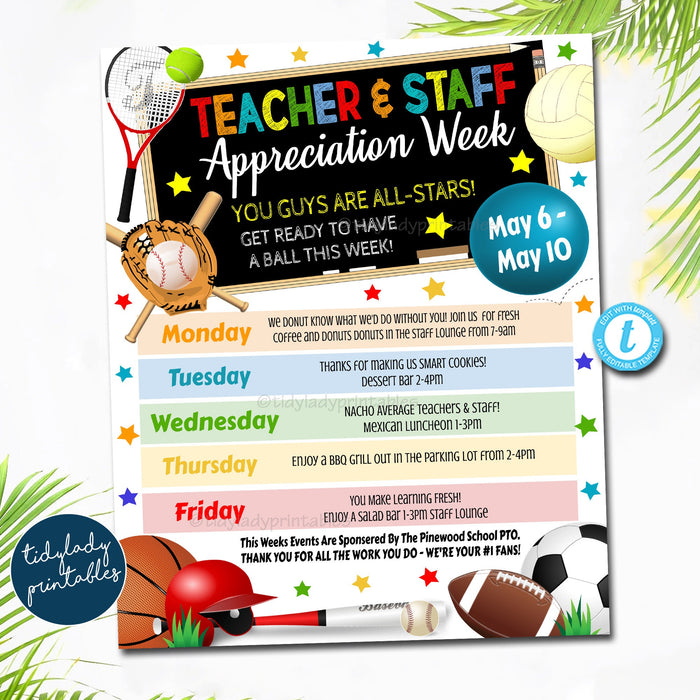 EDITABLE Sports All Star Vip Teacher Appreciation Week Itinerary Poster, Digital File, Appreciation Week Schedule Events, EDITABLE TEMPLATE