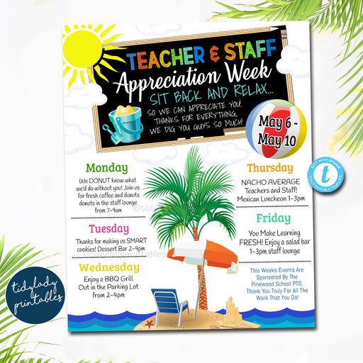 EDITABLE Beach Themed Teacher Appreciation Week Itinerary Coastal Sea Ocean Theme Appreciation Week Schedule Events Printable TEMPLATE