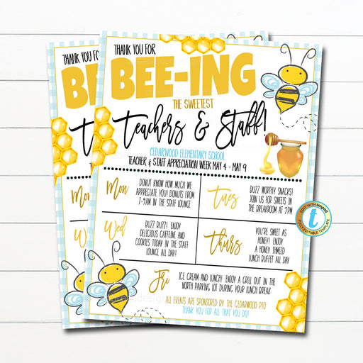 Printable Editable Bumble Bee Theme Teacher and Staff Appreciation Itinerary Flyer Poster Schedule Events Thanks for Bee-ing the Best Invite
