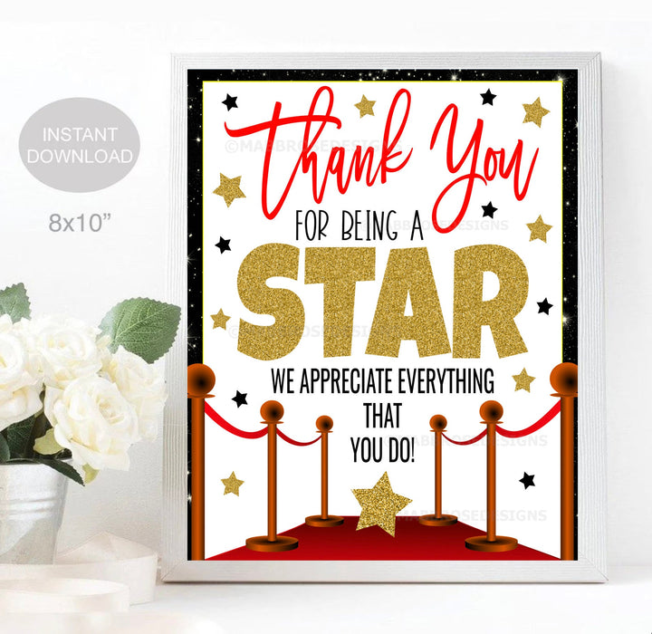 Hollywood Teacher Appreciation Week Printable Sign Volunteer Employee Staff Nurse, You're a Star Thank You Party Decor, INSTANT DOWNLOAD