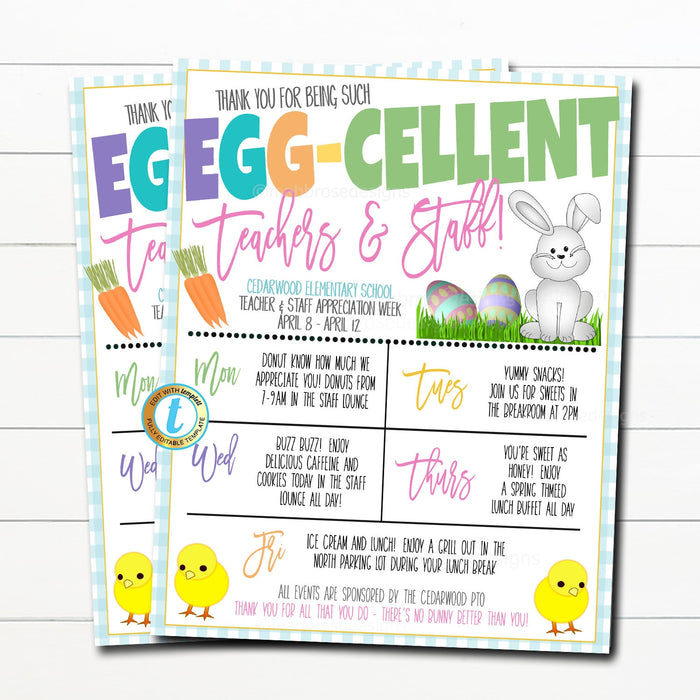 Easter Teacher Appreciation Week Itinerary, You're Egg-cellent March April Spring Theme Schedule of Events School Pto Pta, EDITABLE TEMPLATE