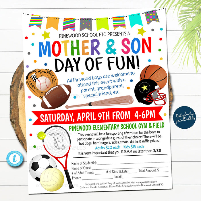 EDITABLE Mother Son Sports Day Flyer, Family Sports Games Night Party, Fundraiser Church Community Mom Son Event, School pto pta, EDITABLE
