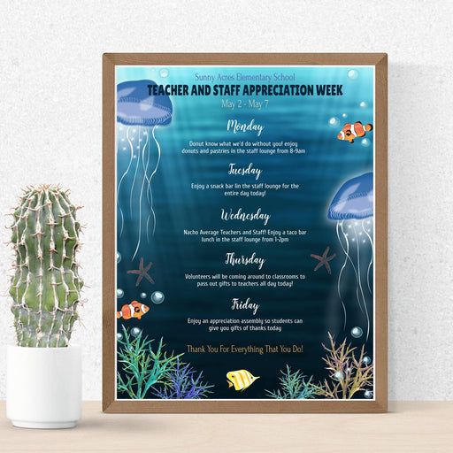 Teacher and staff appreciation week itinerary, weekly schedule of events, Under the Sea Theme, Ocean theme, Printable Editable Template