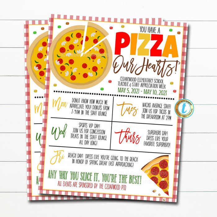Teacher Appreciation Week Itinerary, You Have a Pizza our Hearts, Italian Food Theme School pto Staff Schedule Printable, EDITABLE TEMPLATE