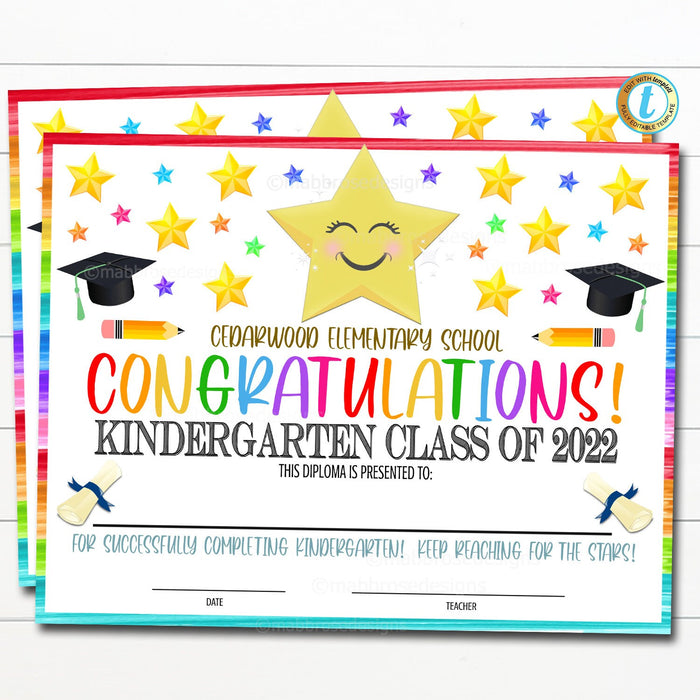 EDITABLE Graduation Certificate ANY GRADE Printable Diploma Kindergarten Preschool PreK Graduate School Graduation Ceremony Instant Download