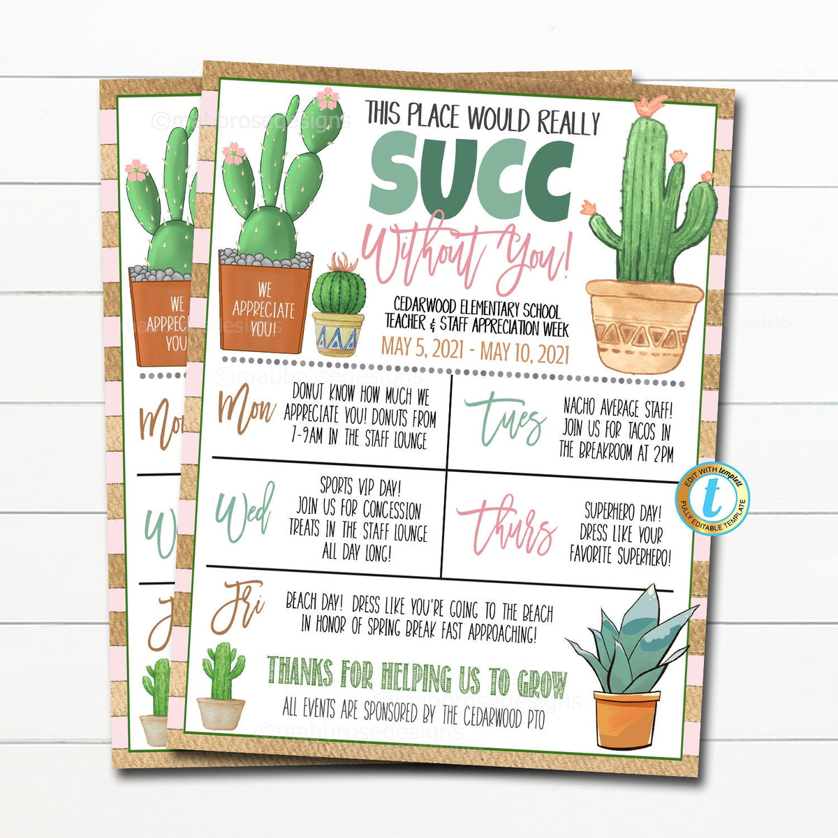 appreciation-week-itinerary-boho-succulent-grow-cactus-theme-tidylady-printables for Work Would Succ Without You Printable Free Appreciation Week Itinerary | Boho Succulent Grow Cactus Theme — TidyLady Printables for Work Would Succ Without You Printable Free