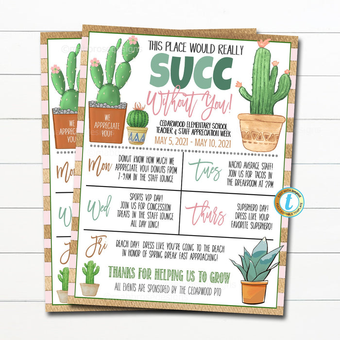 Teacher Appreciation Week Itinerary, Boho Succulent Grow Bloom Plant Cactus Theme, Nurse Staff Schedule Events Printable EDITABLE TEMPLATE