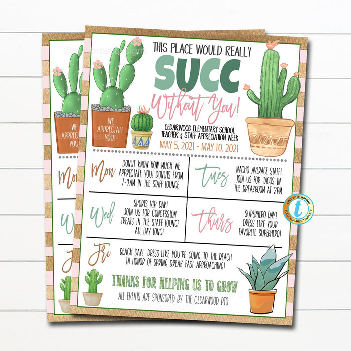 printable succulent template Teacher Appreciation Week Itinerary, Boho Succulent Grow Bloom Plant Cactus Theme, Nurse Staff Schedule Events Printable EDITABLE TEMPLATE