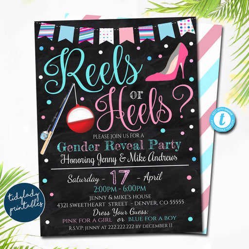 Reels or Heels Gender Reveal Invitation, Team Blue or Team Pink, He or She Suprise, Fishing Theme Coed Couples Shower, EDITABLE TEMPLATE