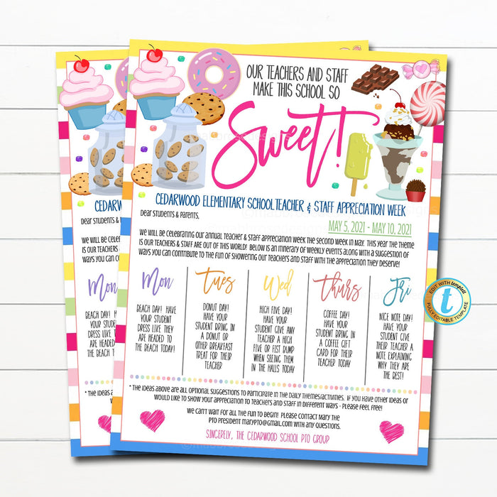 Candy Sweet Theme Teacher Appreciation Week Itinerary, You're the Sweetest, Student Family Take Home Schedule Newsletter, EDITABLE TEMPLATE