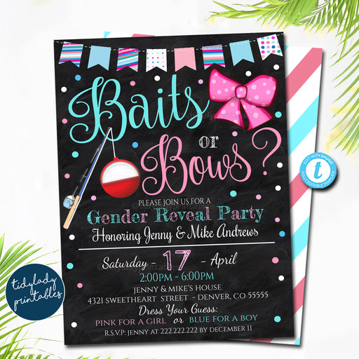 Baits or Bows Gender Reveal Invitation, Team Blue or Team Pink, He or She Suprise, Fishing Theme Coed Couples Shower, EDITABLE TEMPLATE